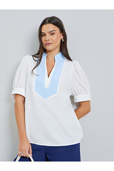 Take Two By Styli White Puff Sleeve Contrast Neckline Top