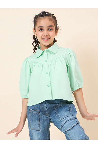 Stylo Bug By Styli بلوزة قطن خضراء بأكمام منفوخة للبنات