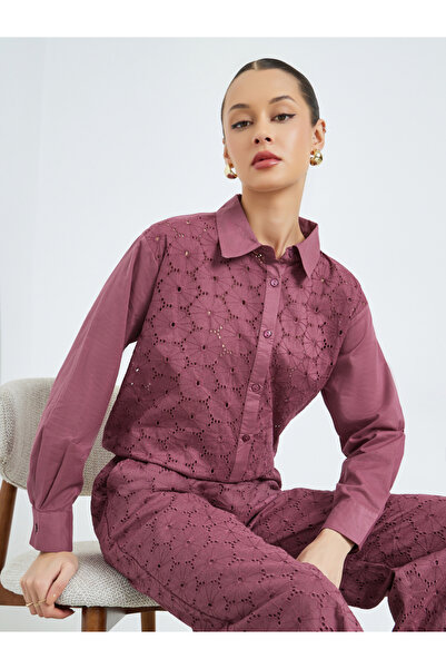 Styli Purple Embroidered Eyelet Cotton Shirt