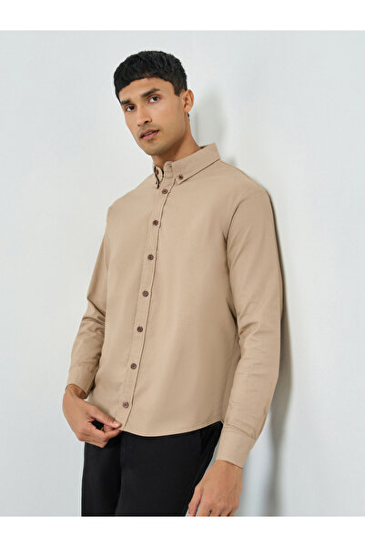 Styli Men Brown Cotton Relaxed Fit Shirt