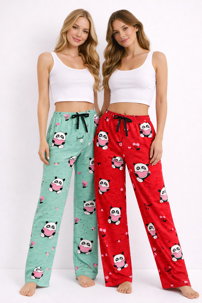 Kardelen Örme Tekstil Panda Desenli Kadın Pijama Altı İkili Set Rahat Kalıp E...