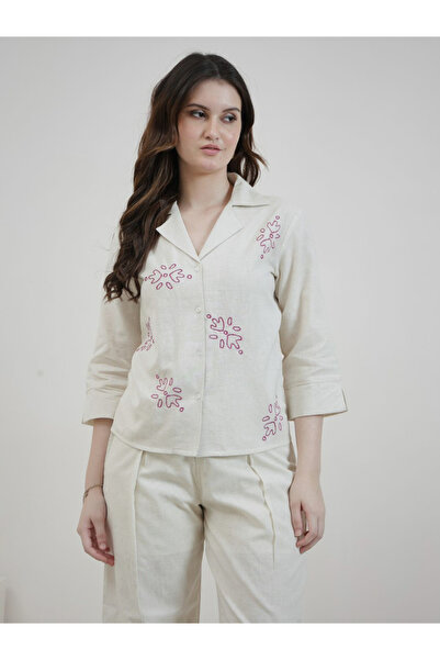 Styli Cream Cotton 3/4 Sleeve Shirt with Cuban Collar