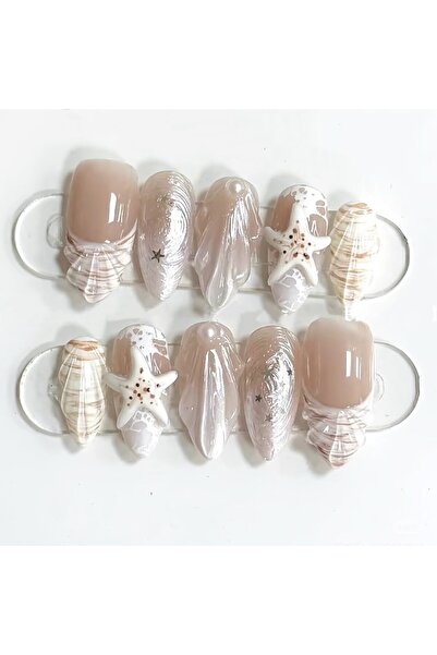 Arabest Summer Beach Nails Medium Almond Nails French Tip Fake Nails with 3D ...