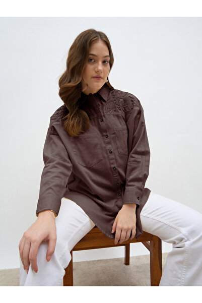 Styli Brown Tonal Embroidery Detail Oversized Shirt