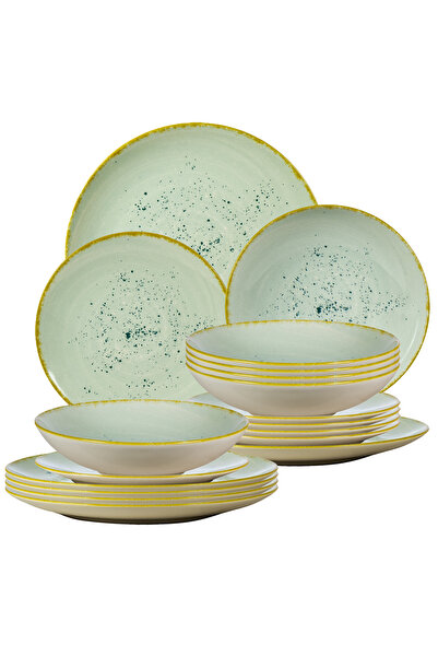 Cesiro Set of 18 Plates for 6 Persons, Pistachio, Ivory with Turquoise