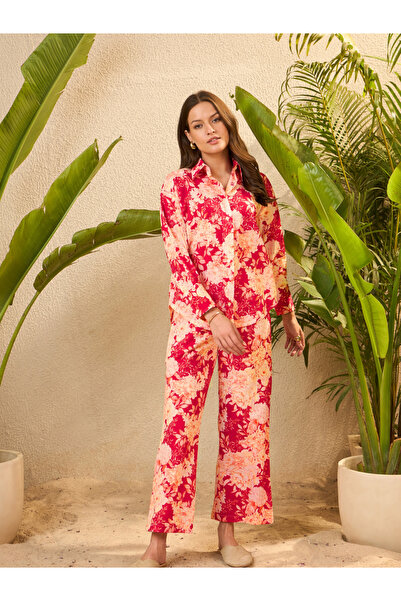 Imana By Styli Red Floral Printed Pure Cotton Shirt and Trousers Co-Ords