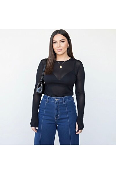 Koza Butik Women Plus Size Long Sleeve Boat Neck Sheer Viscose Blouse 2037-26