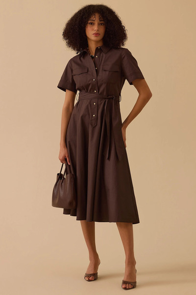 SEÇİL Rochie cu mânecă scurtă cu buzunare cu curea pentru femei - Maro