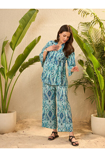 Imana By Styli Blue Paisley Printed Pure Cotton Tunic and Trousers Co-Ords