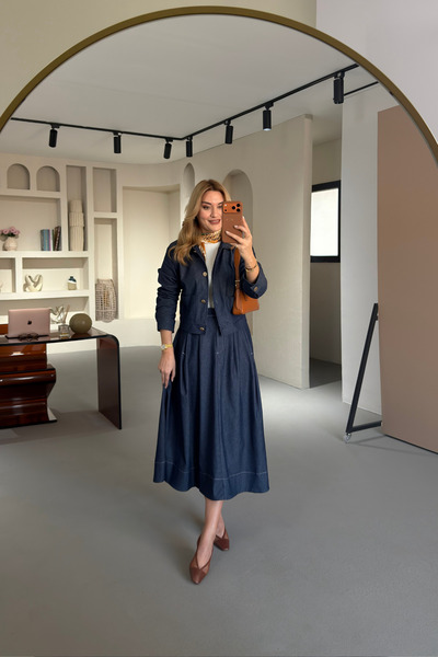 Sezgi Tekin Cep Detay Lacivert Midi Çan Etek