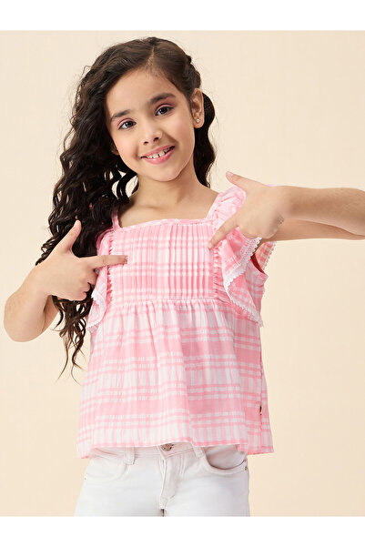 Stylo Bug By Styli بلوزة بناتي بأكمام نقشة مربعات مكشكش بلون الخوخ