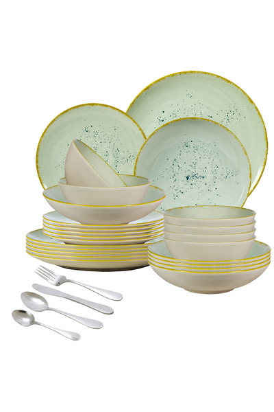 Cesiro Σετ 48 πιάτων για 6 άτομα, φιστίκι, ιβουάρ με τιρκουάζ