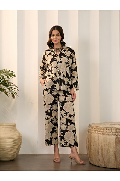 Imana By Styli Black Floral Print Pure Cotton Shirt with Trousers Co-Ords