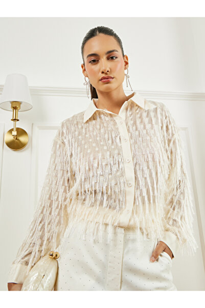 Styli Cream Fringe Detail Long Sleeve Shirt