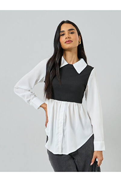 Take Two By Styli White Color Block Long Sleeve Top