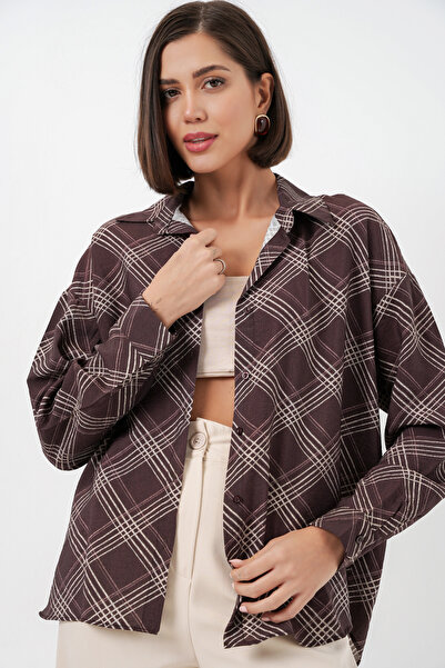 Bigdart Women's Oversized Patterned Shirt 20372 - Brown