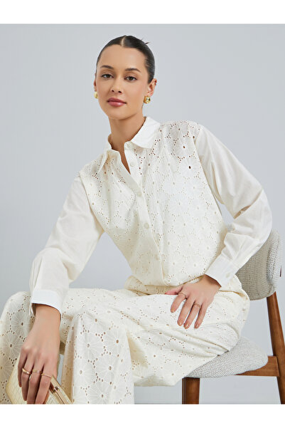 Styli White Embroidered Eyelet Cotton Shirt