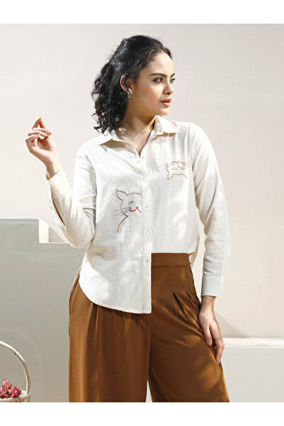 Styli Beige Cat Embroidery Cotton Shirt
