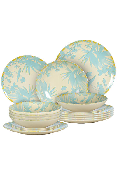 Cesiro Set of 18 Plates for 6 Persons, Foliage, Ivory with Light Blue Leaves