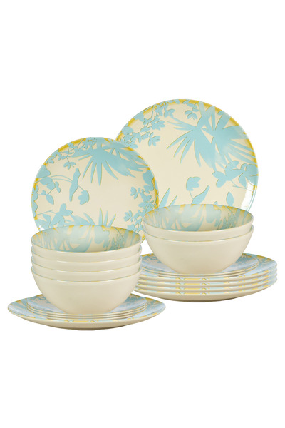 Cesiro Set of 18 Plates for 6 People, Foliage, Ivory with Light Blue