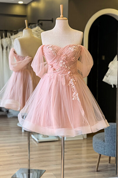 Lenta Moda Pudra Drapeli Dantel Detaylı Gren Etek Düşük Kol Mini Parti Elbisesi