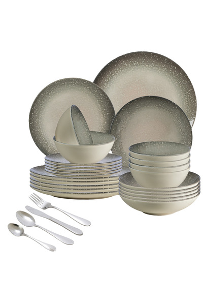 Cesiro Set of 48 Plates for 6 Persons, Gray Stone, Ivory with Gray