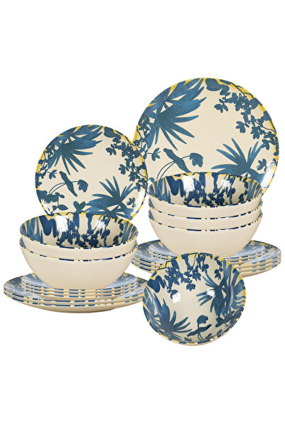 Cesiro Set of 18 Plates for 6 Persons, Foliage, Ivory Decor with Blue Leaves