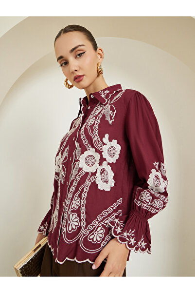 Styli Burgundy Embroidered Long Sleeve Shirt