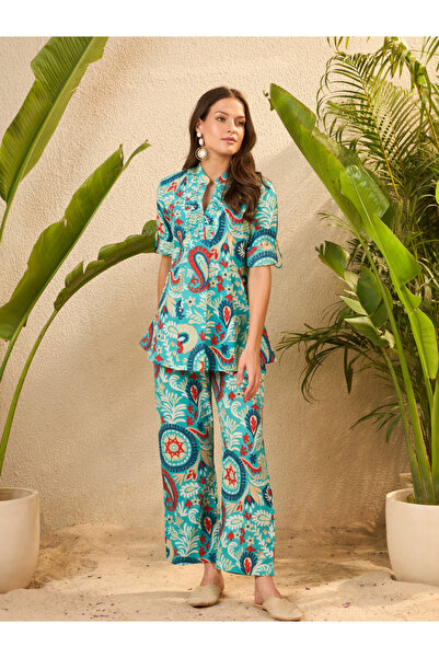 Imana By Styli Blue Printed Pure Cotton Tunic and Palazzo Co-Ords