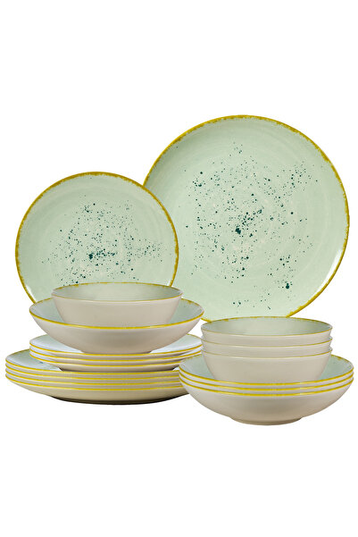 Cesiro Set of 16 Plates for 4 Persons, Pistchio, Ivory with Turquoise