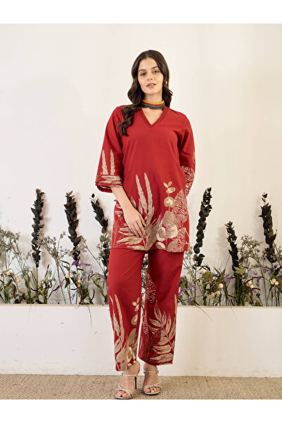 Imana By Styli Foil Floral Print Pure Cotton Top with Trouser Co-Ords
