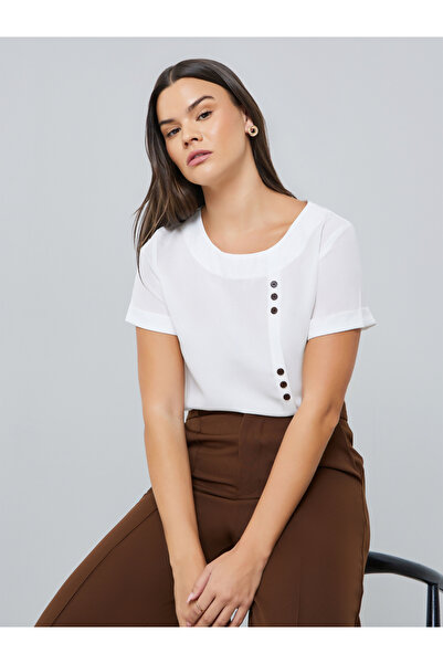 Take Two By Styli White Short Sleeve Top with Button Detail