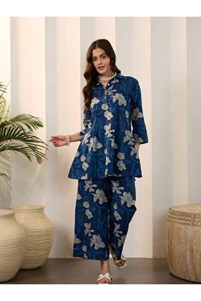 Imana By Styli Blue Printed Pure Cotton Top with Trousers Co-Ords