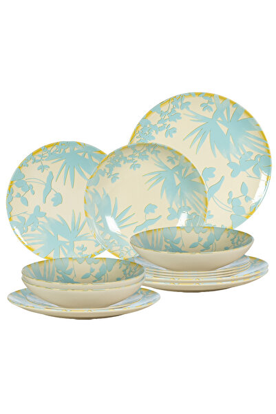 Cesiro Set farfurii de 12 piese, pentru 4 persoane, Foliage, Ivoire cu frunze...