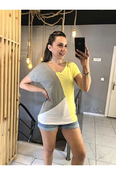 Gözde Tasarım Butik Women's Yellow Color Block Asymmetric V-Neck Basic T-Shirt