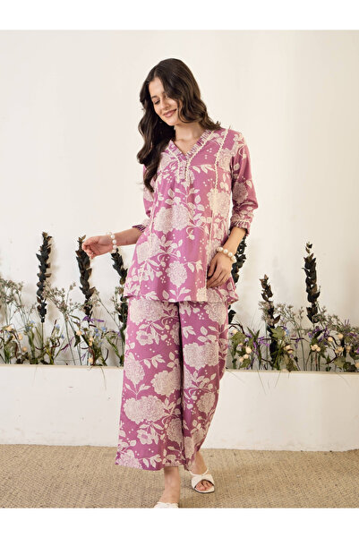 Imana By Styli Lilac Floral Print Pure Cotton Top with Trousers Co-Ords