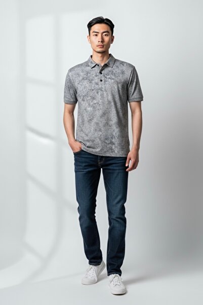 KAMER Men's Modern Fit Shirt Collar Dal Patterned Gray T-Shirt 5065g