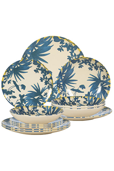 Cesiro Set farfurii de 12 piese, pentru 4 persoane, Foliage, Ivoire cu frunze...
