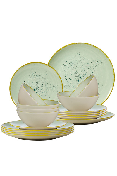 Cesiro Set of 18 Plates for 6 Persons, Pistchio, Ivory/Turquoise