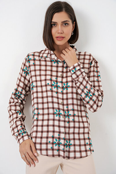 Bigdart Women's Patterned Oversized Viscose Shirt 20371 - Brown