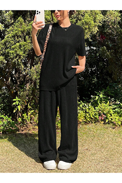 Take Two By Styli Black Textured Longline T-Shirt and Pants Co-Ords