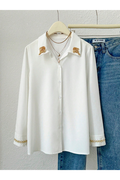 Take Two By Styli White Embellished Long Sleeve Shirt