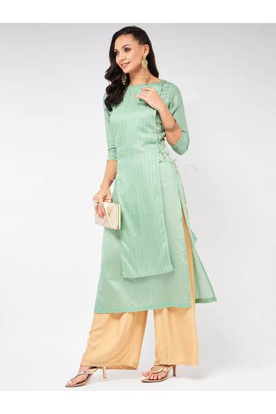 Pannkh By Styli Green Self Design Festive Kurta and Side Dori Details