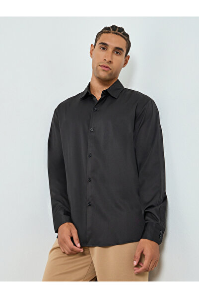 Take Two By Styli Men Black Spread Collar Long Sleeve Shirt