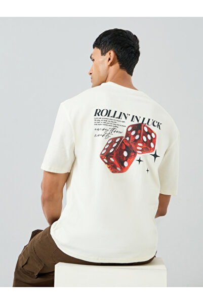 Styli Men Cream Graphic Print Oversized T-Shirt