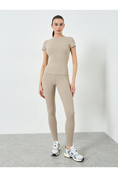 Styli Beige Short Sleeve Fitted Top and Leggings Set