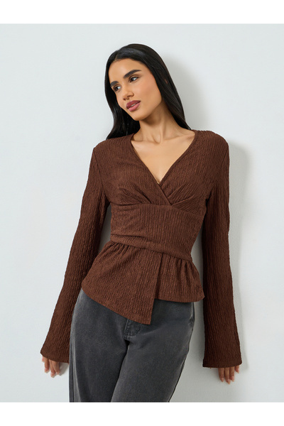 Take Two By Styli Brown Textured V-Neck Long Sleeve Top