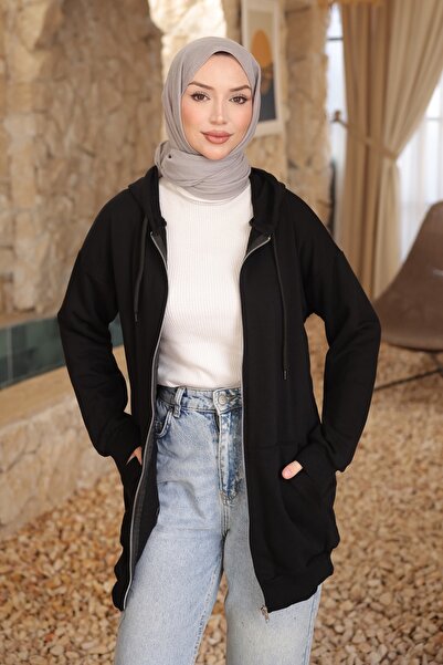 İmajButik Cardigan negru buzunar cangur cu trei fire