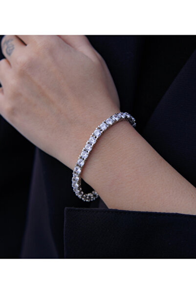 Amora Perla Jewelry 5 mm Su Yolu Bileklik 925 Ayar Gümüş Zirkon Taşlı Rodaj K...