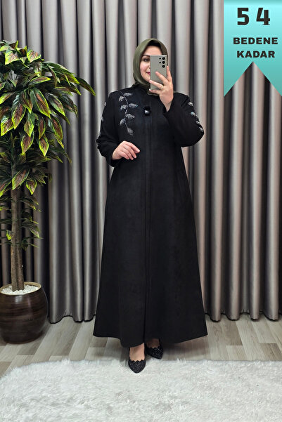 Elmas Tesettür Kadın Giyim Büyük Beden Süet Tam Boy Omuzu Yaprak Taşlı Pardesü